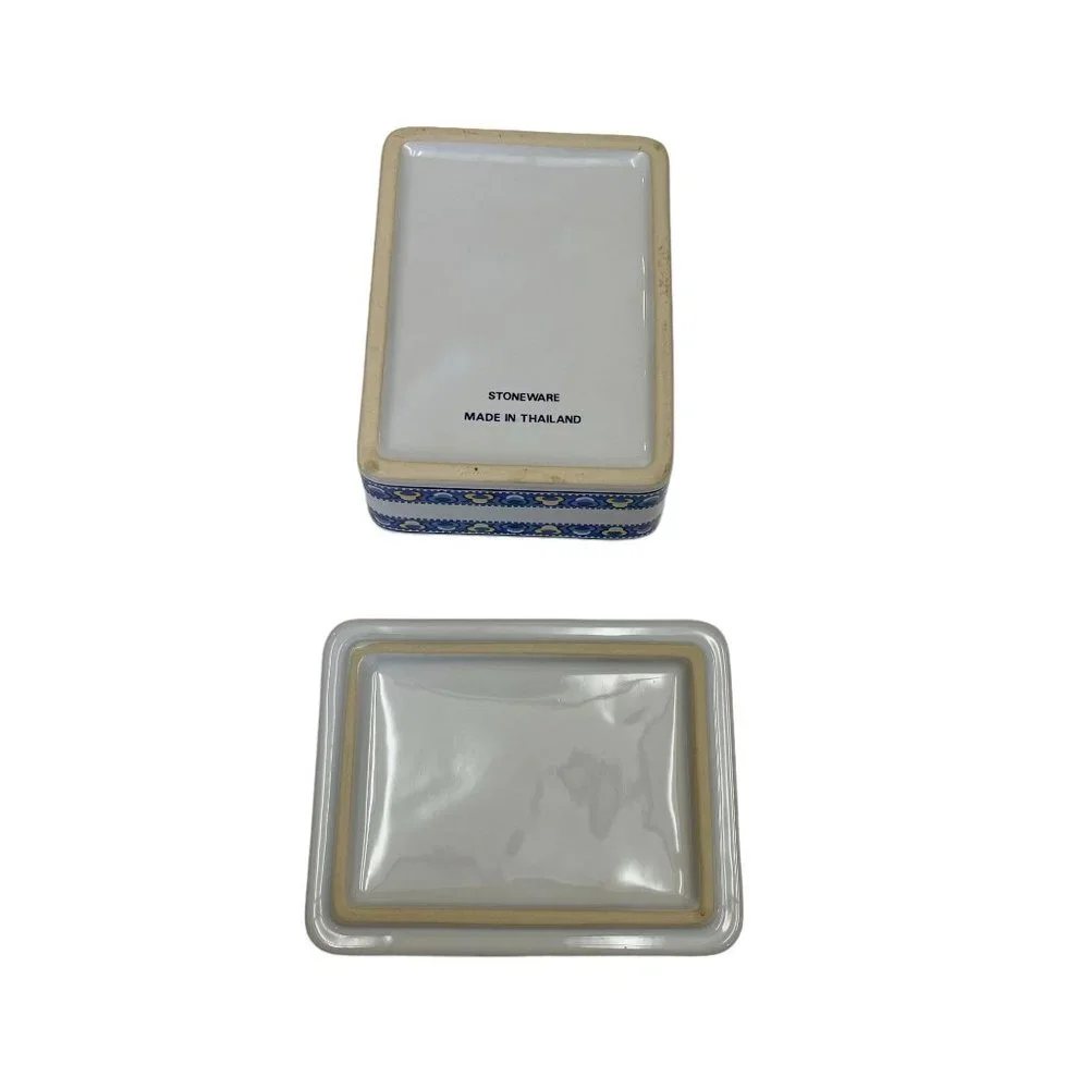 Thai Stoneware Trinket Box With Blueish Purple and Yellow Floral Paisley Pattern